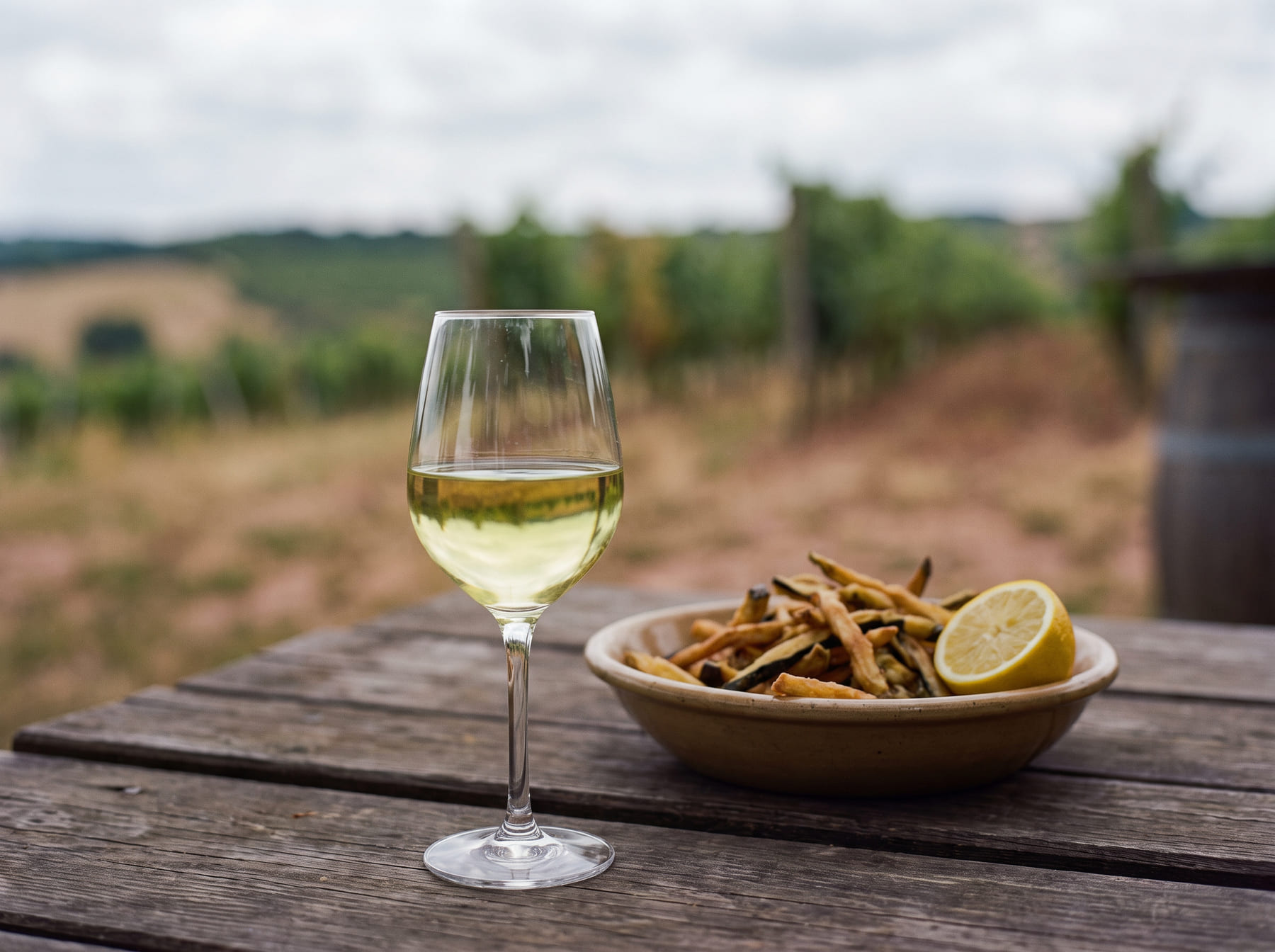 Ein Glas Weißwein und Fisch